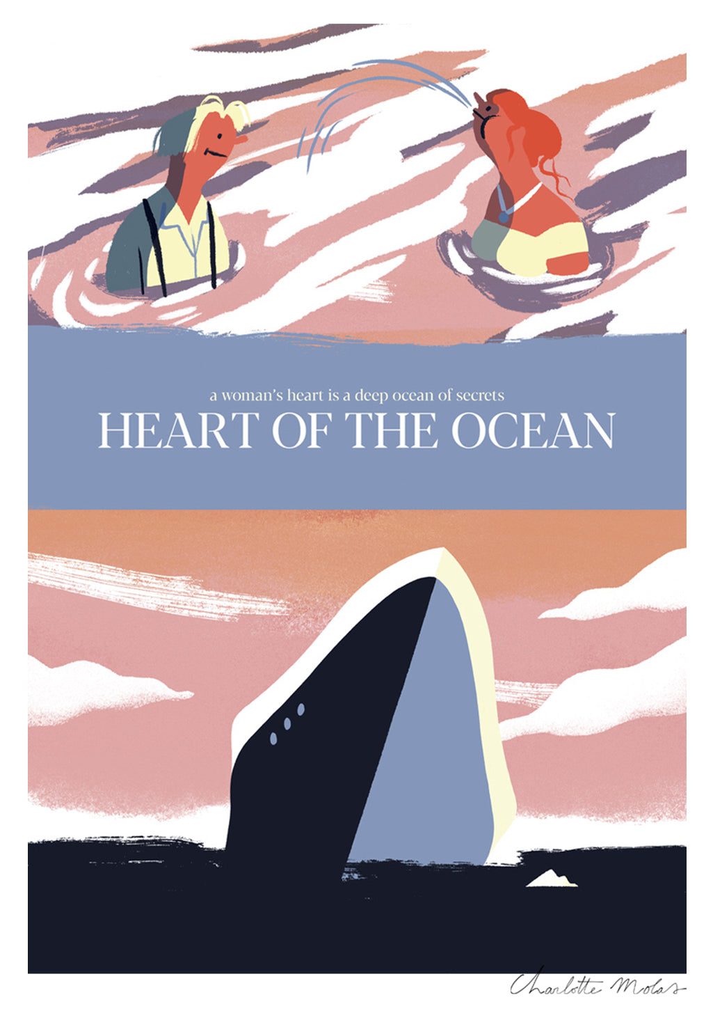 Illustration de femmes nageant avec baleine, citation sur l'océan, design artistique