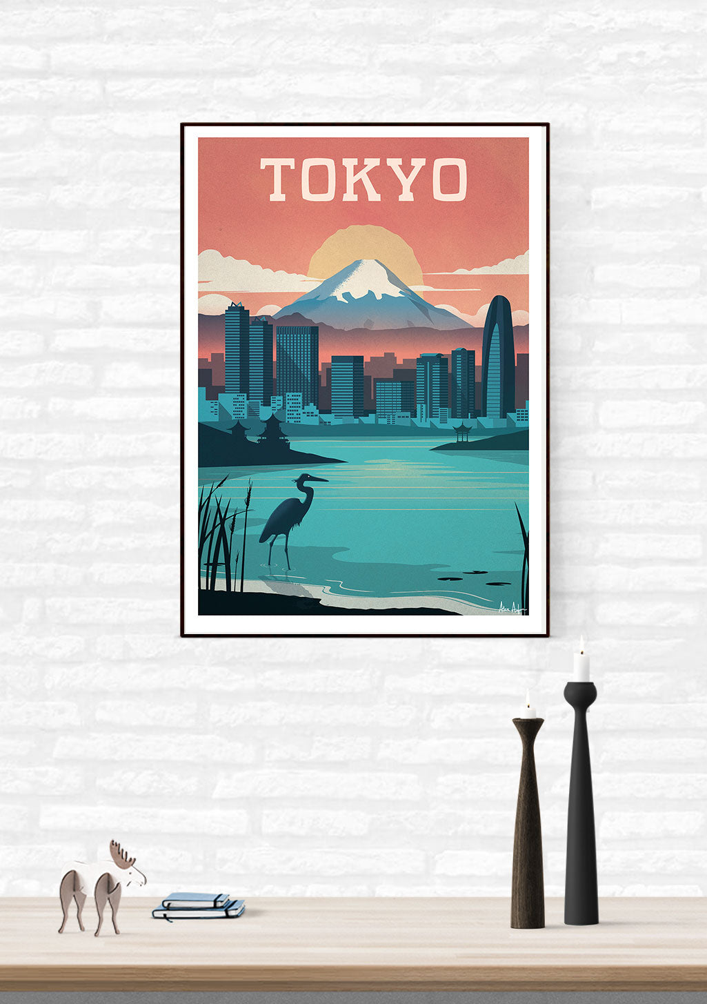Poster de Tokyo avec paysage urbain, coucher de soleil, oiseau, montagne