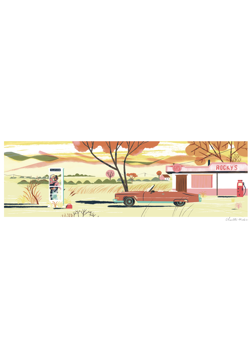 Illustration rétro d'une station-service avec une voiture rouge