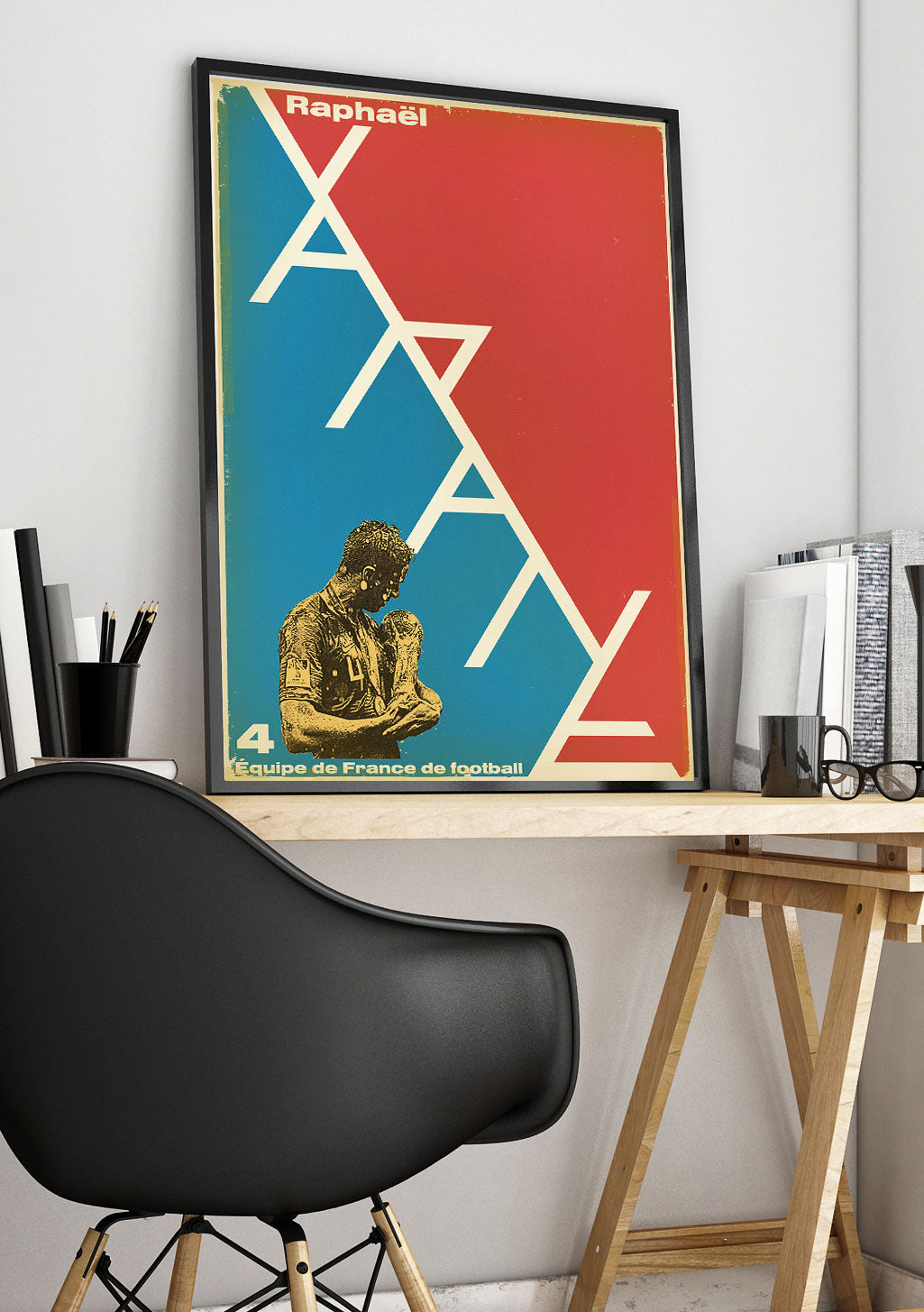 Poster de football, joueur, équipe de France, couleurs vives, design géométrique