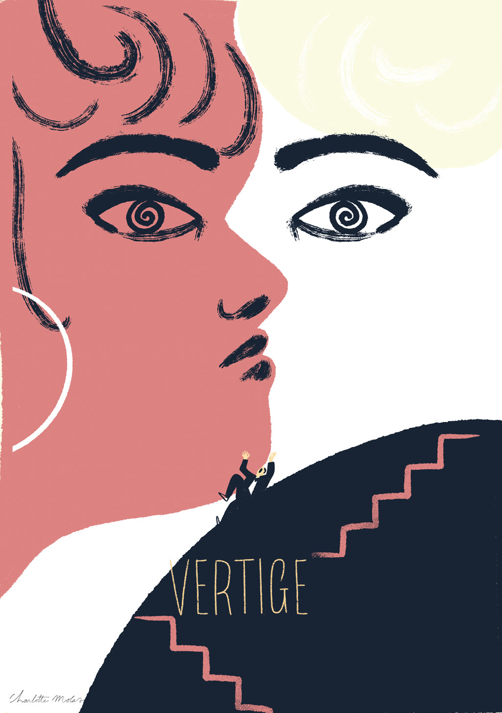 Illustration stylisée de deux visages, texte "VERTIGE", escalier, couleurs vives