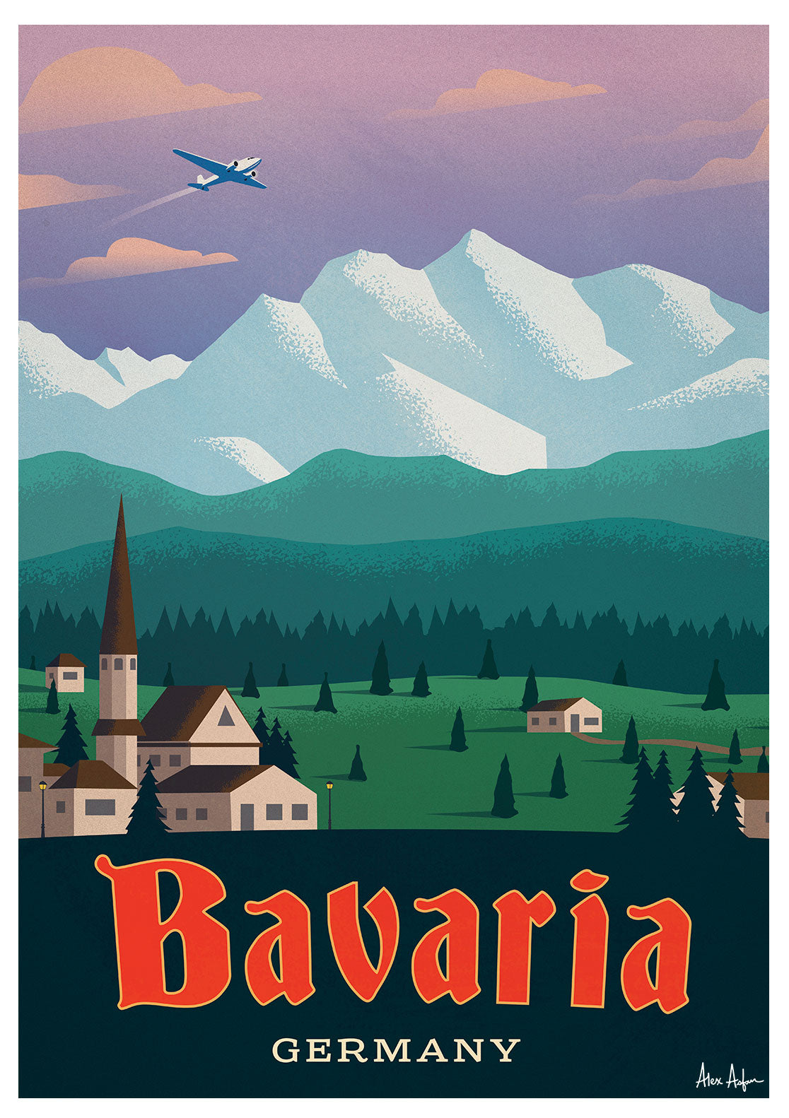 Paysage de Bavière, Allemagne, Montagnes enneigées, Village, Avion, Coucher de soleil, Forêt, Maison, Église, Vert, Bleu, Rouge