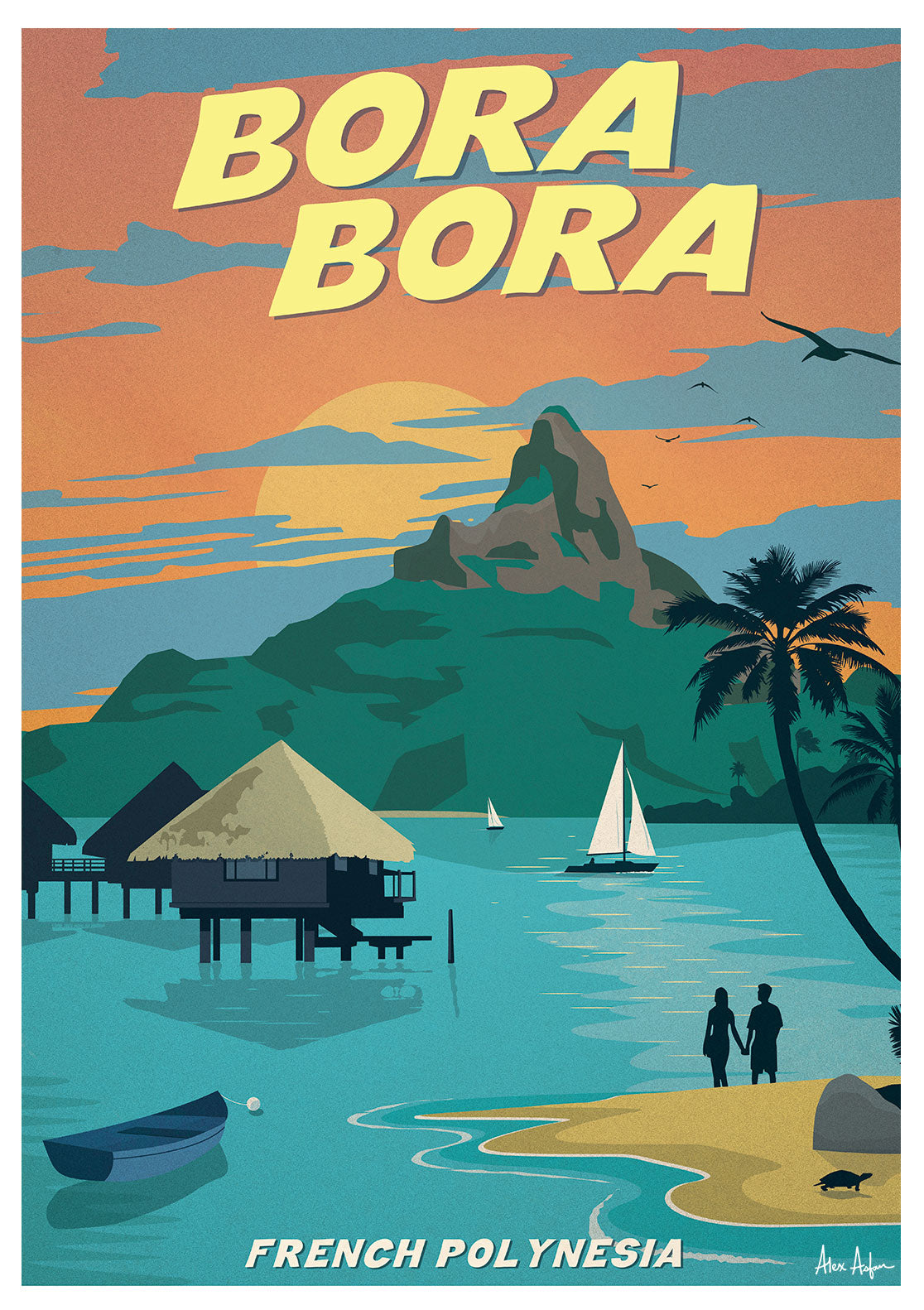 Bora Bora, Polynésie française, plage, coucher de soleil, montagne, palmier, bateau, bungalow sur pilotis, couple, oiseau, ciel nuageux, eau bleu clair