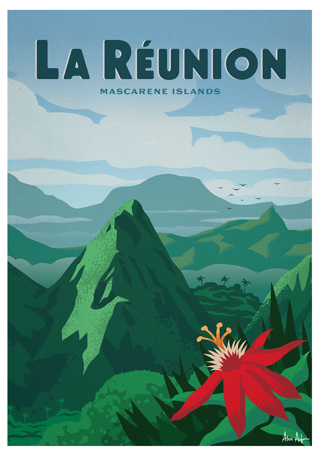 Illustration de la Réunion, îles Mascareignes, montagne, fleur rouge, ciel bleu, nature