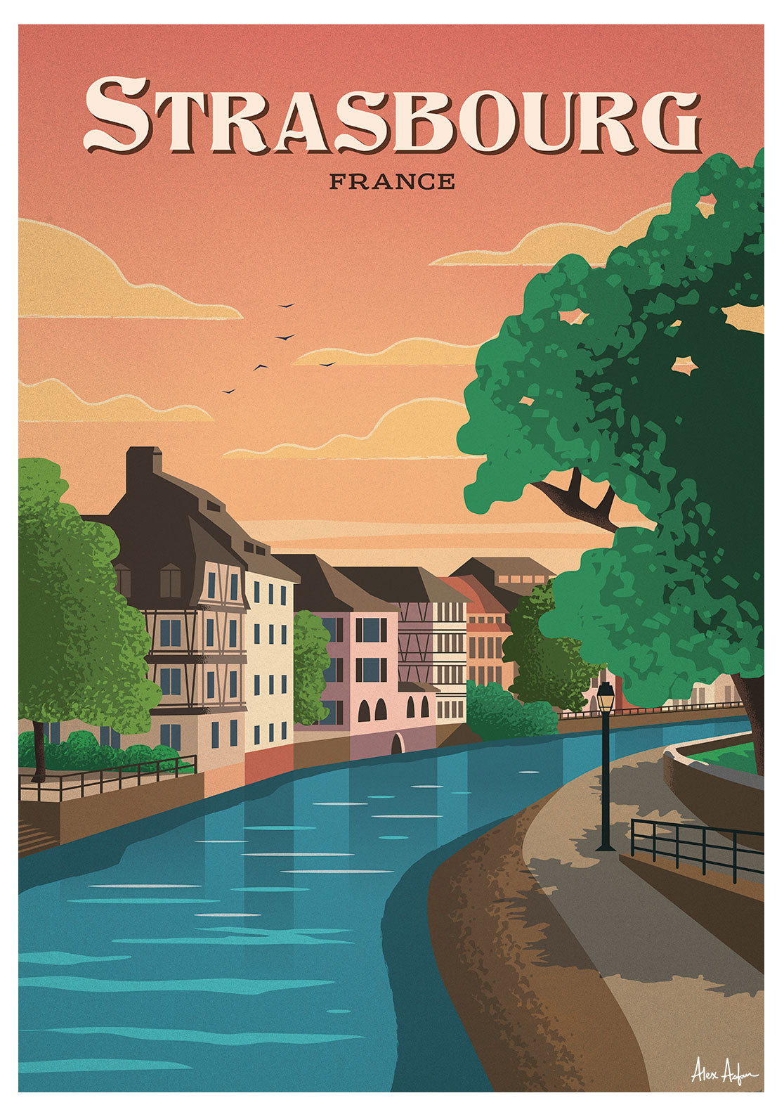 Illustration de Strasbourg, France, rivière, bâtiments, coucher de soleil, arbres, ciel orange