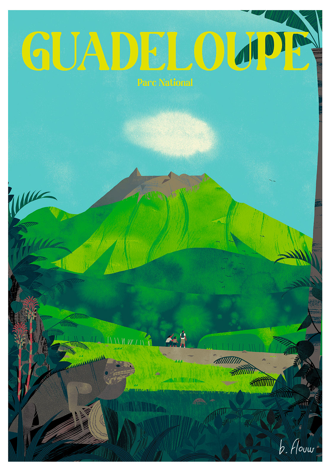 Illustration de montagne verte, soleil, texte "Guadeloupe", palmier, ciel bleu, nature