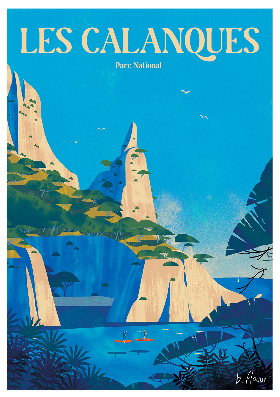 Poster des Calanques Parc National, France, nature, falaises, eau bleue, bateau, ciel bleu, arbres, oiseaux
