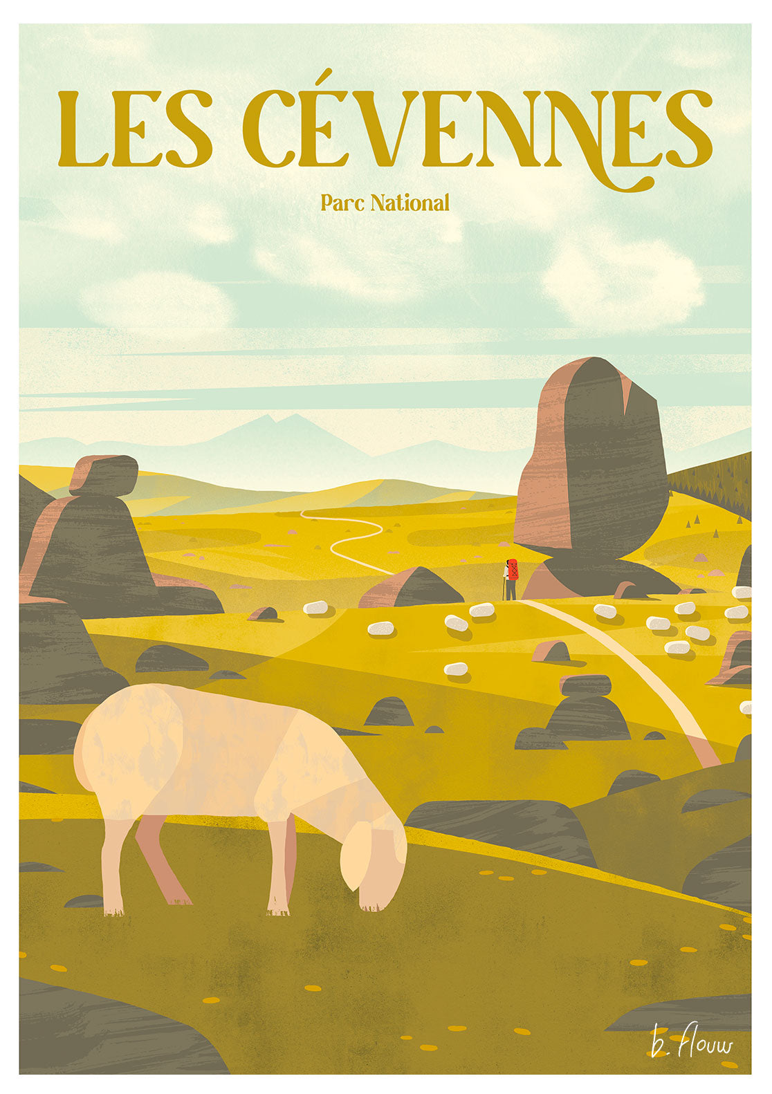 Illustration de paysage, bétail, personne, sentier, ciel bleu, texte français