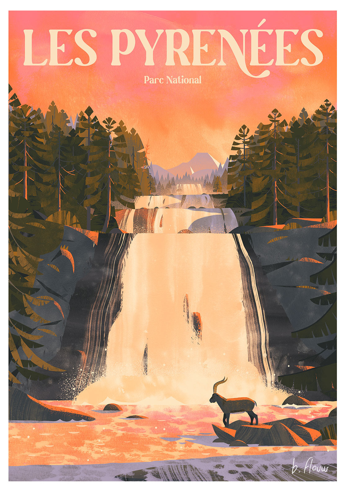Chute d'eau, forêt, chèvre, coucher de soleil, Parc National, Les Pyrénées
