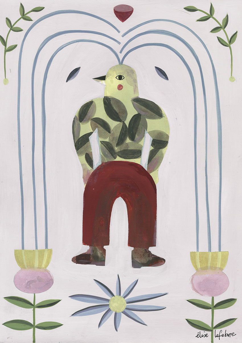 Personnage oiseau, pantalon rouge, fleurs, arches bleues, nature stylisée