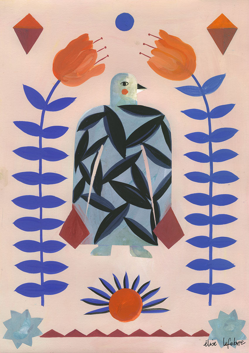 Oiseau bleu, fleurs orange, feuilles bleues, soleil orange, motifs géométriques