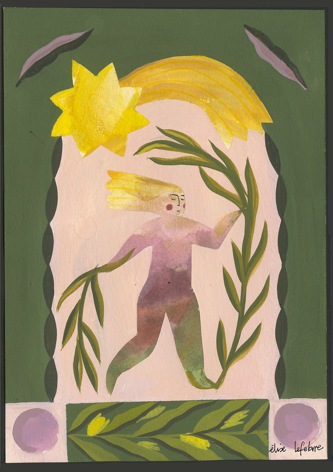 Art abstrait, figure humaine, soleil jaune, feuilles vertes, fond vert, cadre blanc, signature en bas