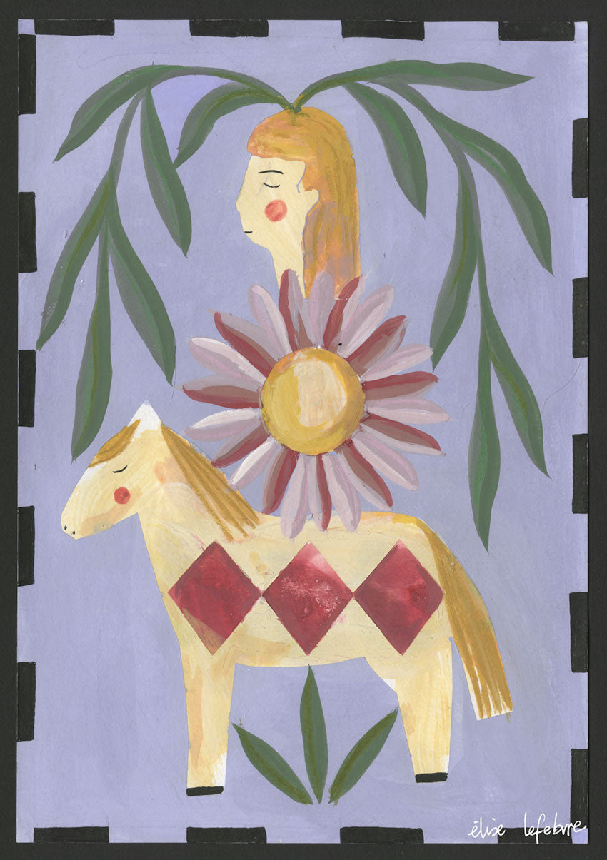 Fille, cheval, fleur, feuilles, cadre violet, peinture, simple, joyeux, nature, enfance, artistique, élégant