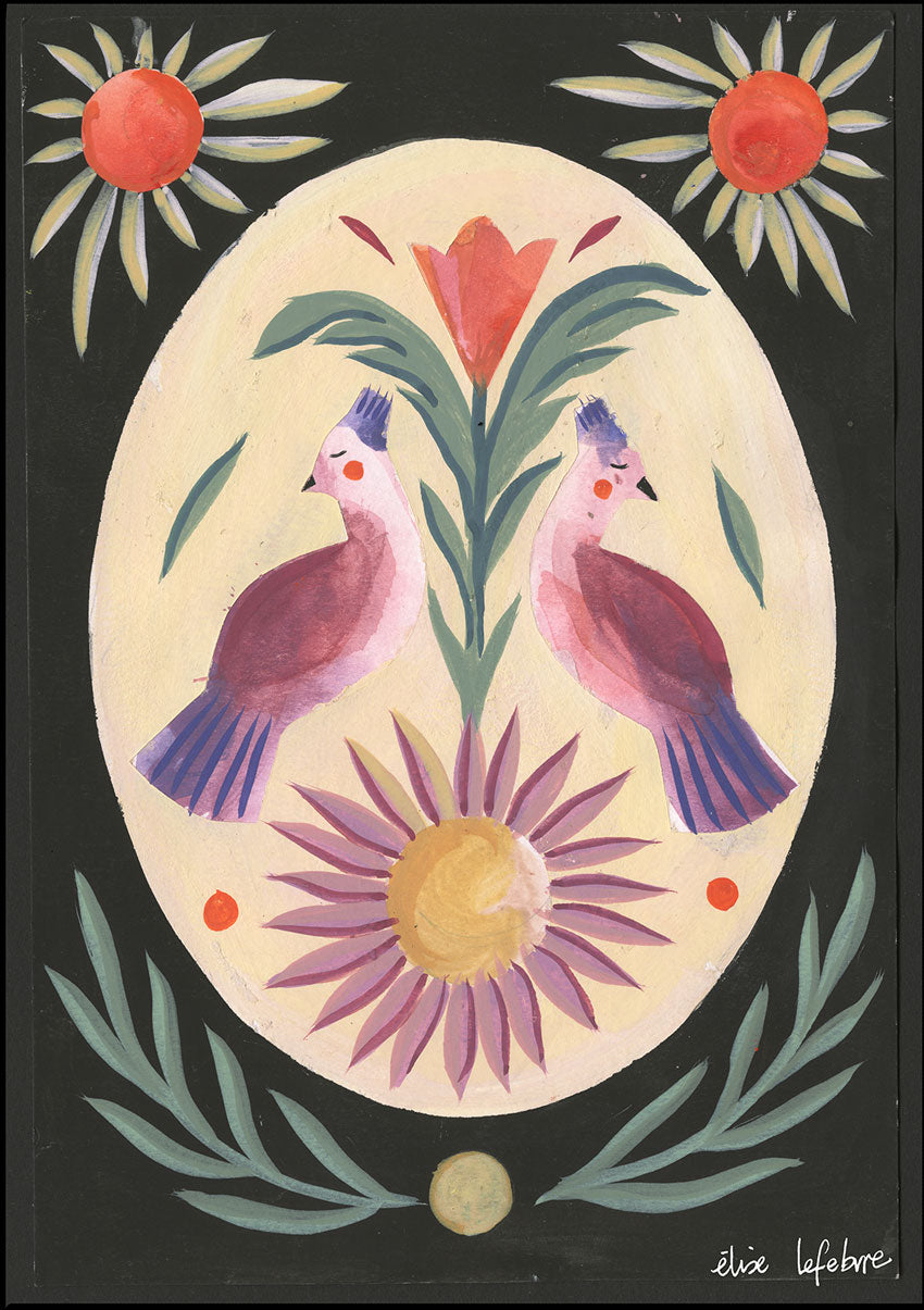 Oiseaux roses, fleurs, soleil, cadre noir, signature artiste