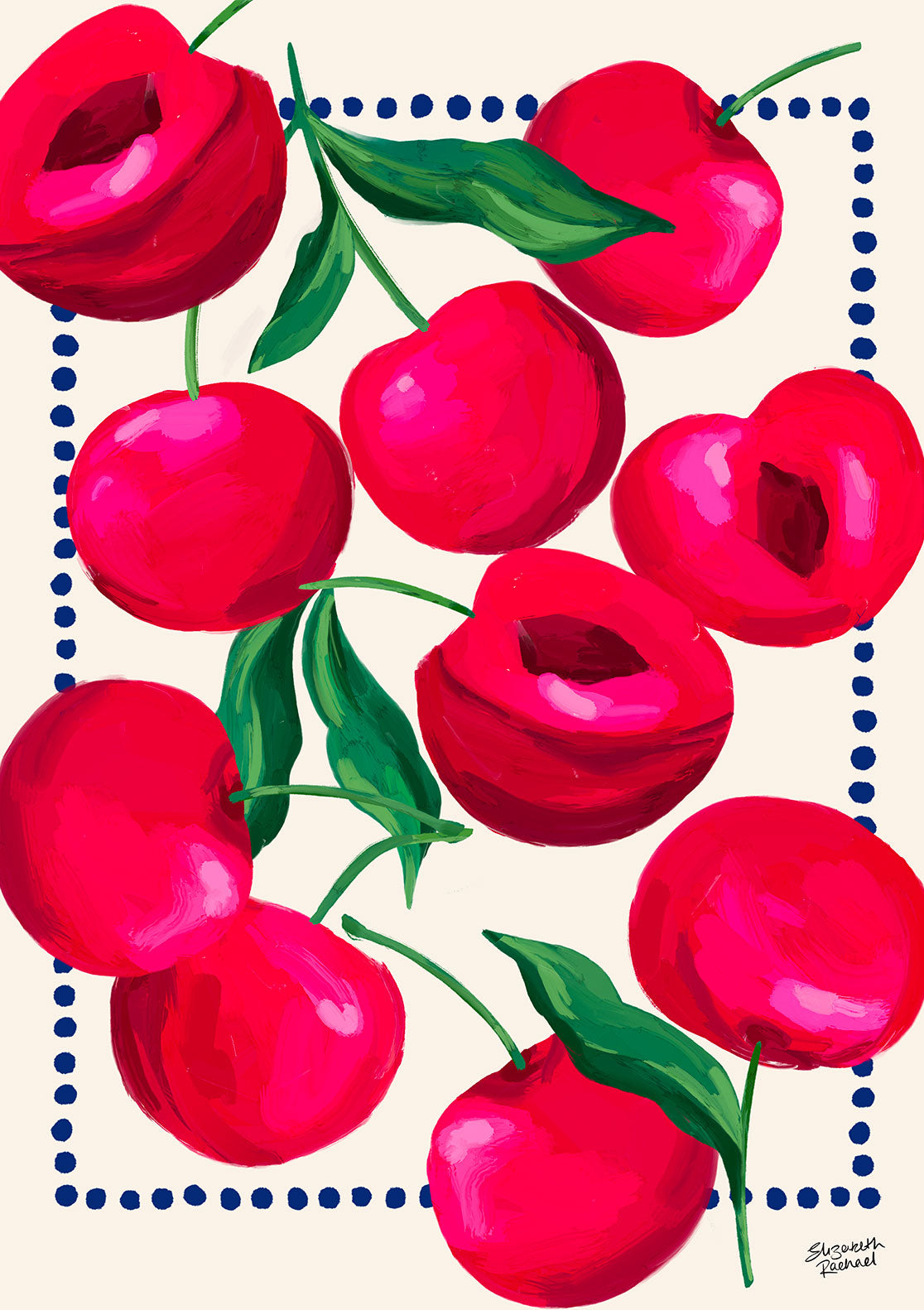 Cerises rouges, feuilles vertes, bordure bleue pointillée, signature en bas à droite