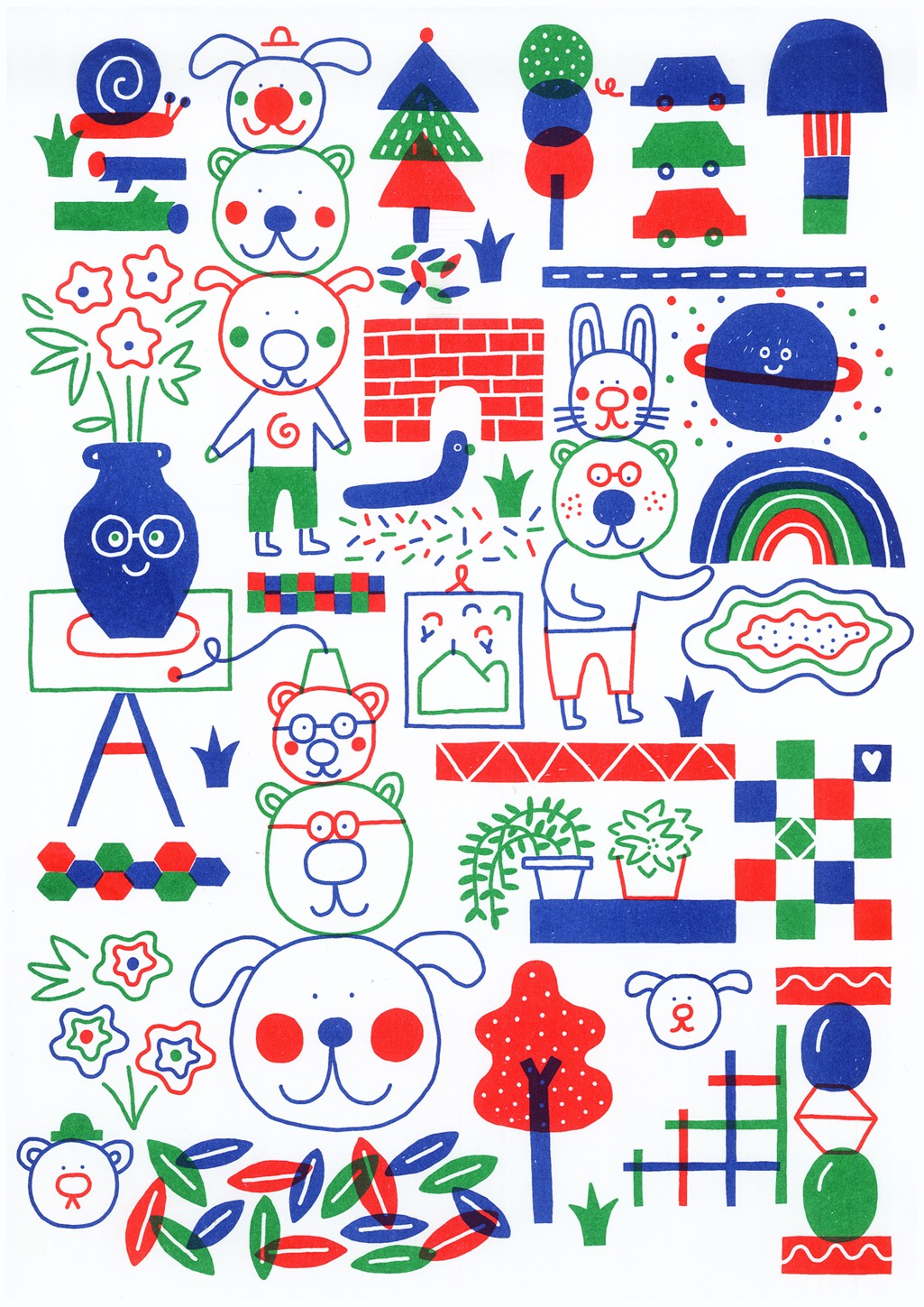 Animaux, Fleurs, Véhicules, Arbres, Maison, Vase, Oiseaux, Arbres, Nuages, Arc-en-ciel, Fleur, Maison