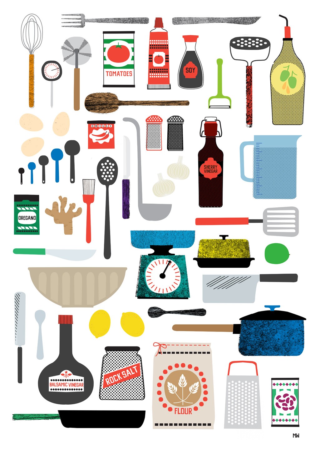 Illustration de cuisine, ustensiles, ingrédients, panier, pan, poêle, épices, bouteilles, cuisinière, citron, assaisonnements