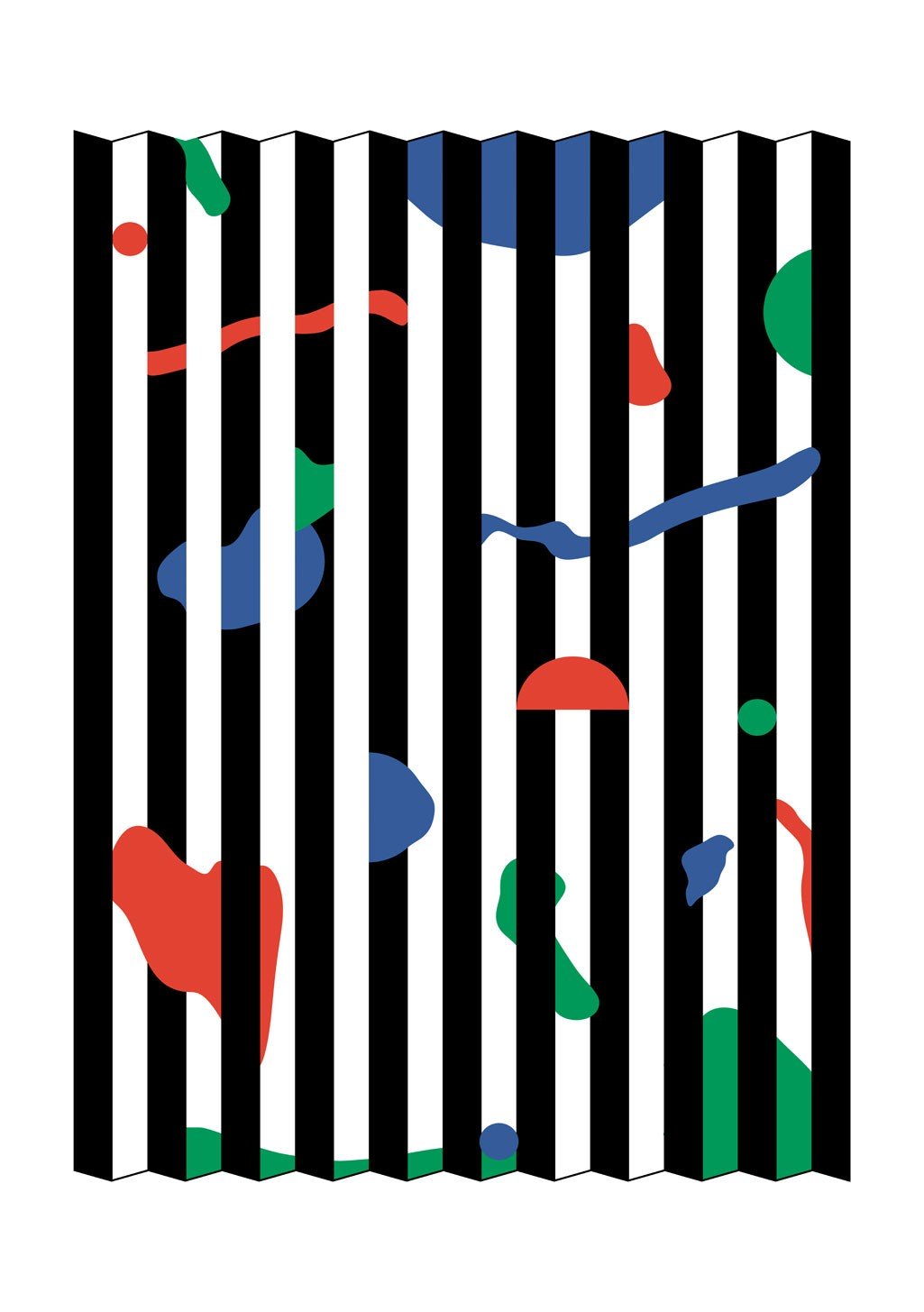 Panneau abstrait avec rayures noires et blanches, formes colorées rouges, bleues et vertes