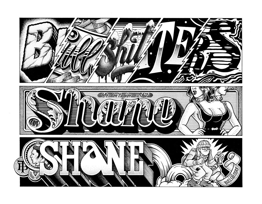 Art typographique, police stylisée, personnages, texte stylisé, noir et blanc, design graphique