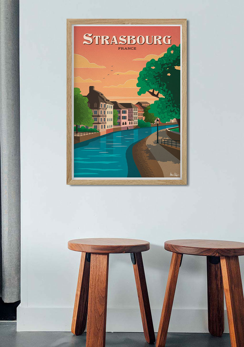 Poster de Strasbourg, France, rivière, bâtiments, coucher de soleil, illustration colorée