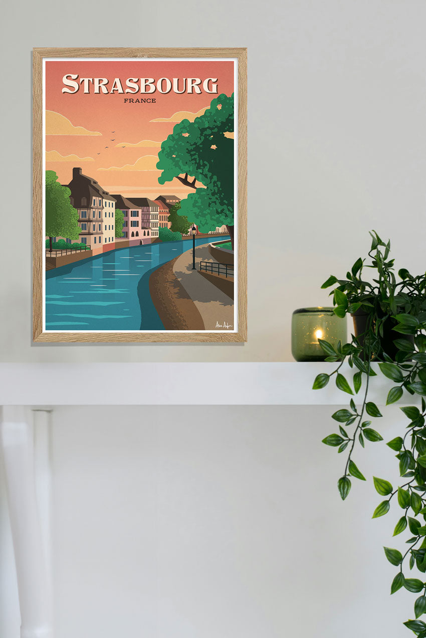 Poster de Strasbourg, France, rivière, bâtiments, coucher de soleil