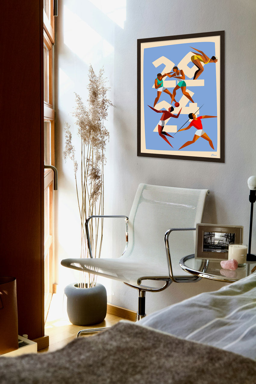 Art abstrait avec des figures stylisées, couleurs vives, numéros 2024