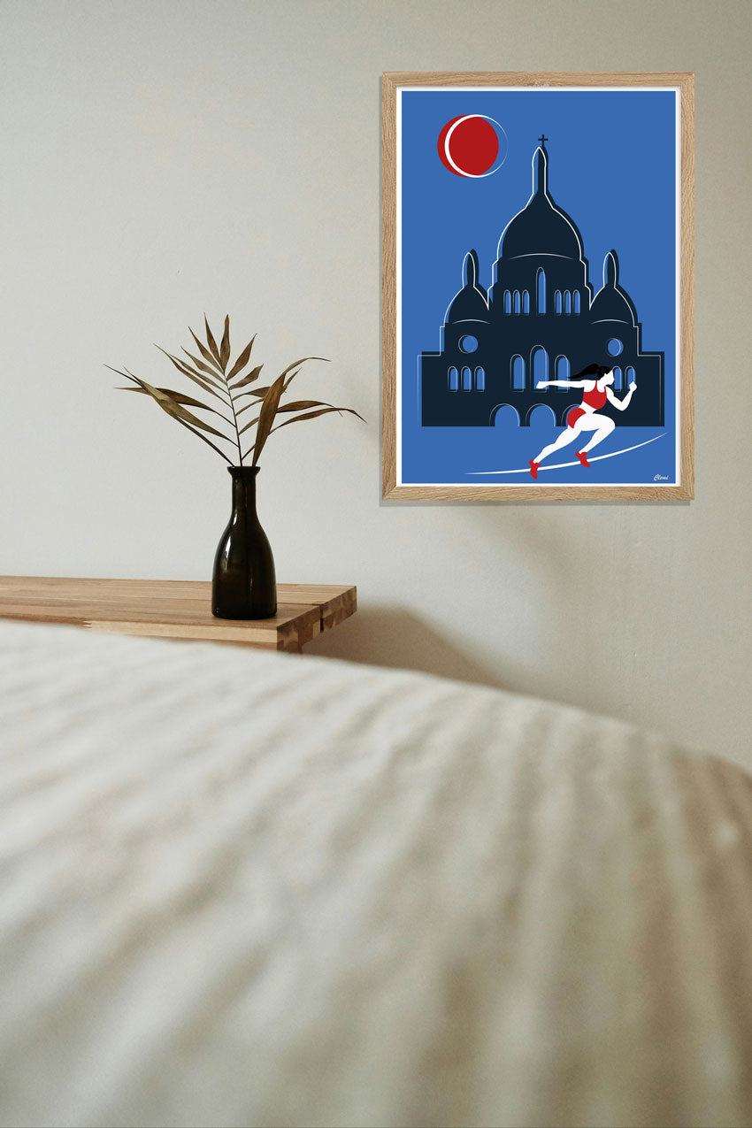 Poster de course avec cathédrale, lune rouge, coureur