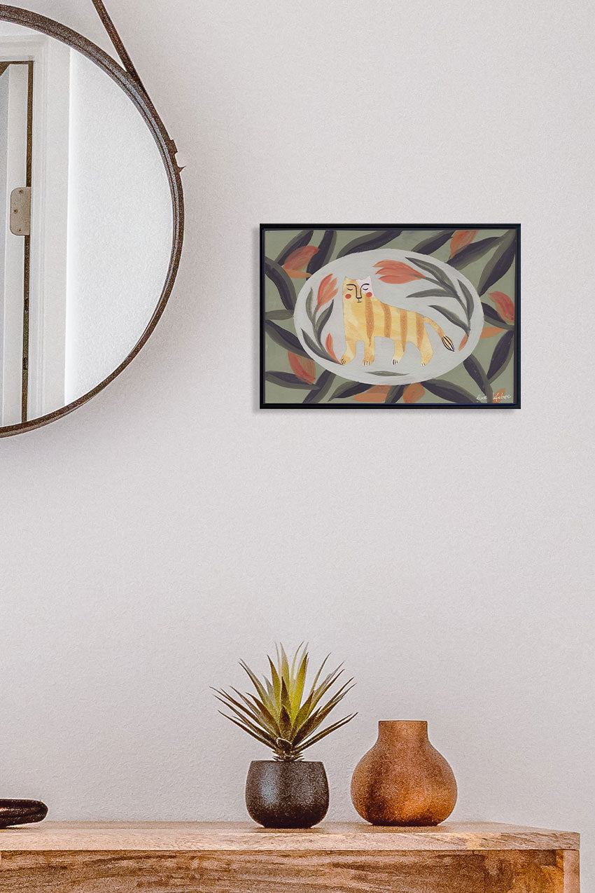 Art abstrait avec un lion stylisé et feuilles