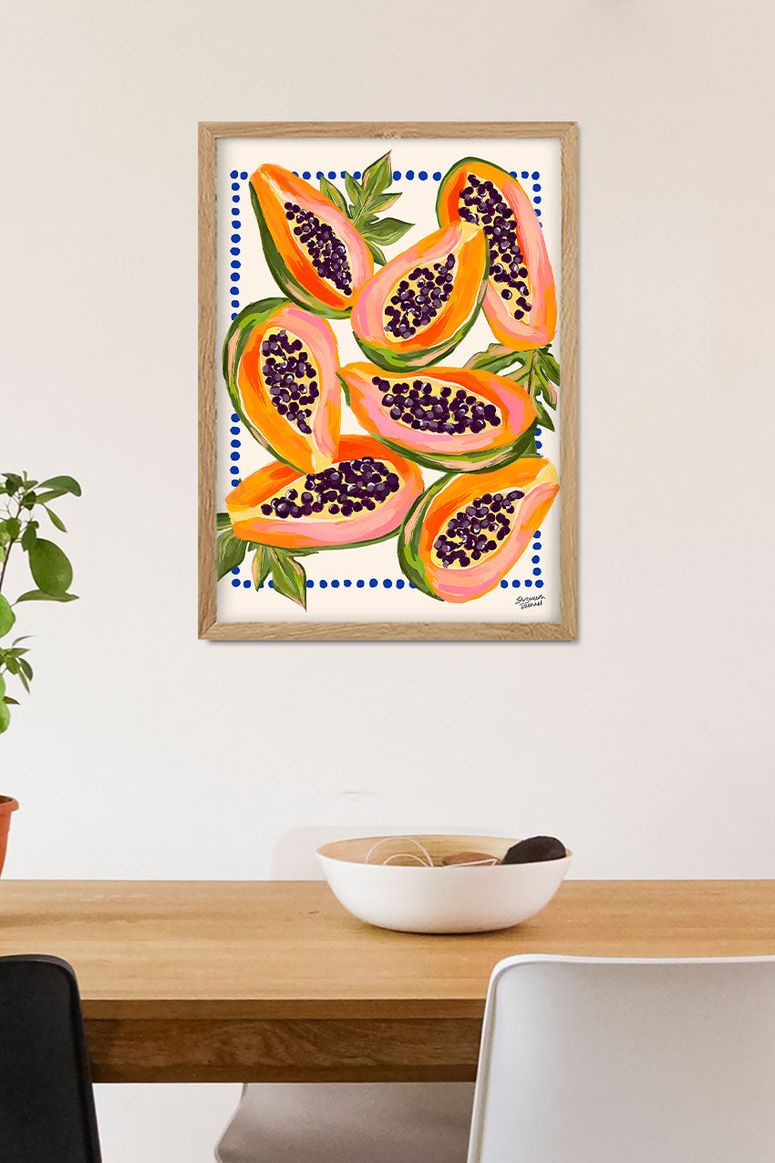 Papaye coupée, fruits, couleurs vives, peinture, cadre en bois