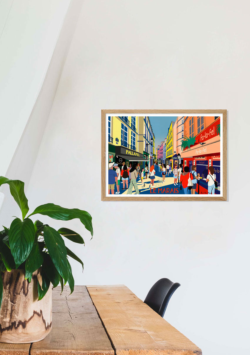 Poster de rue animée, foule, bâtiments colorés, enseigne FALLATI, enseigne KARO-FEL