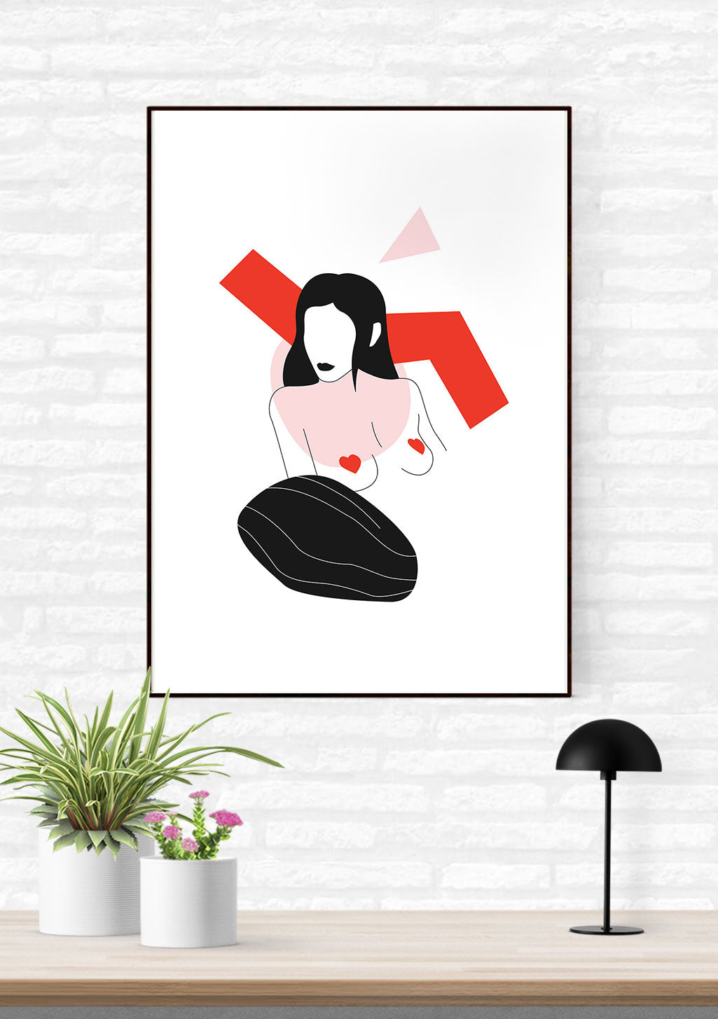 Femme stylisée, formes géométriques, couleurs vives, art minimaliste