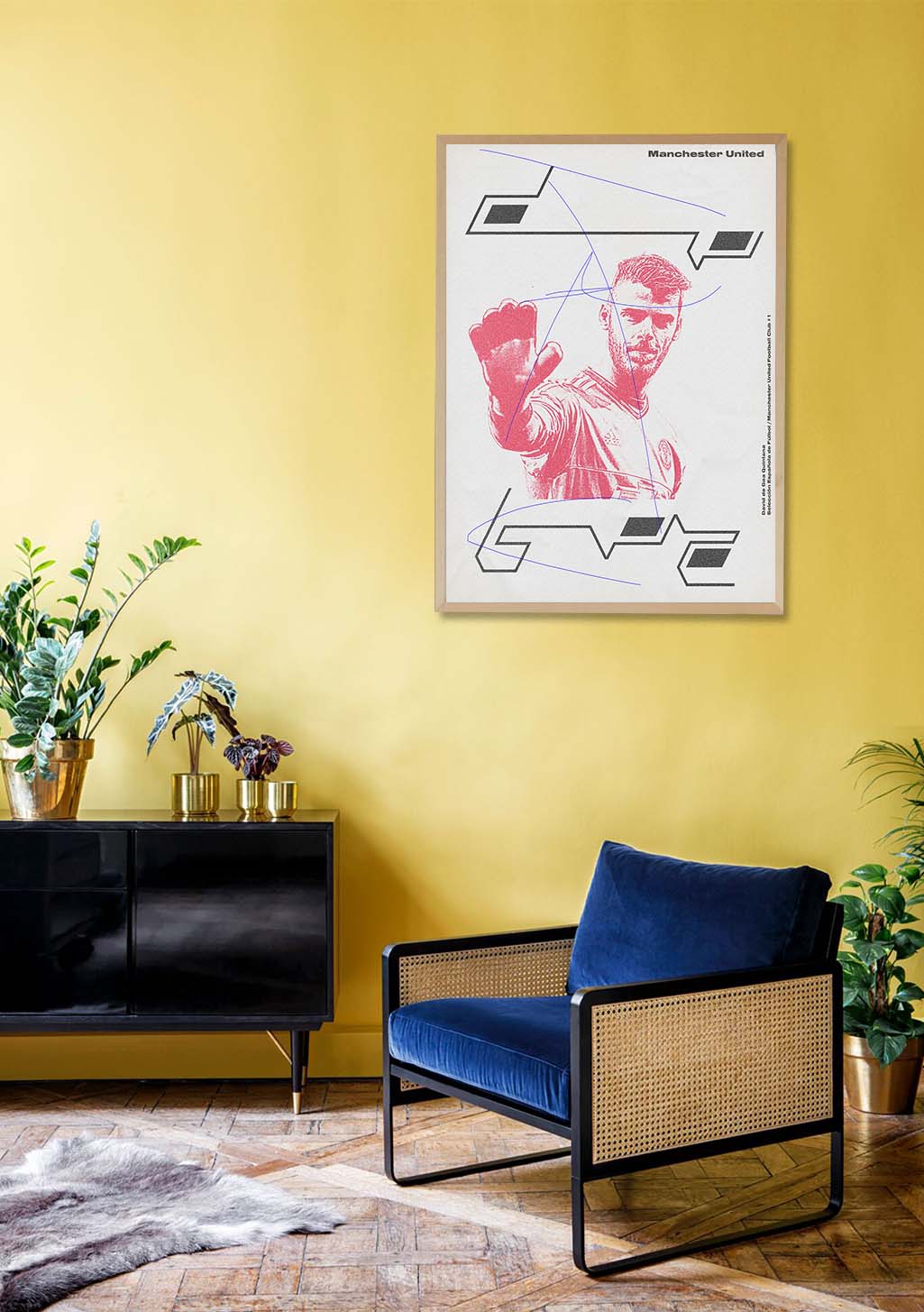 Poster Manchester United, joueur de football, style graphique, mur jaune