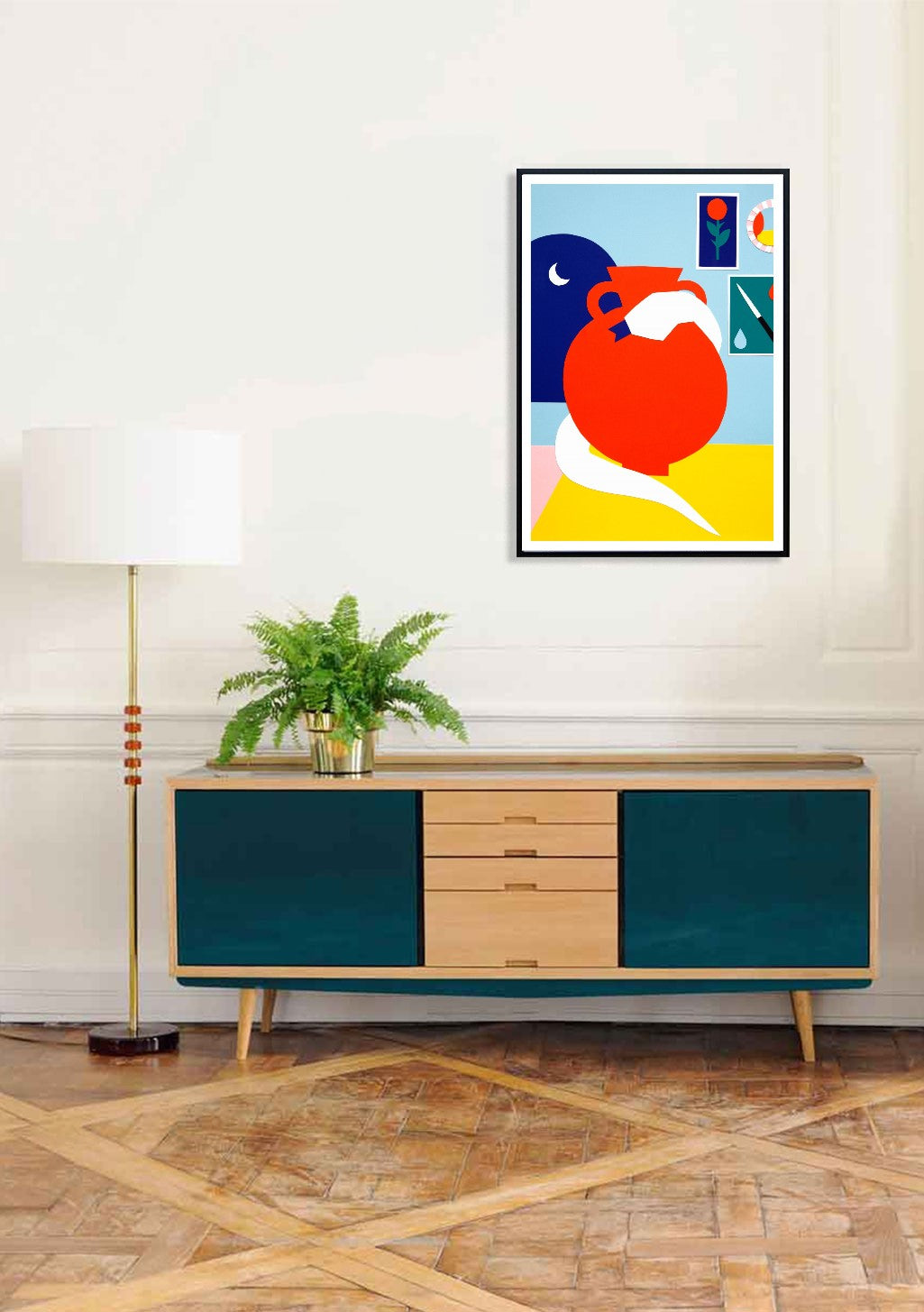 Art abstrait rouge et bleu, formes géométriques, cadre noir