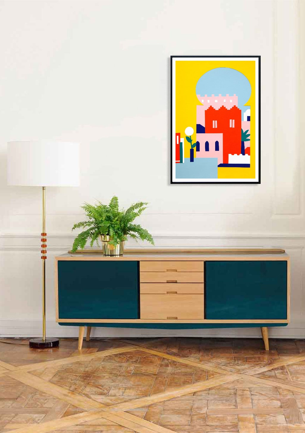 Art abstrait, bâtiment rouge, ciel bleu, style moderne