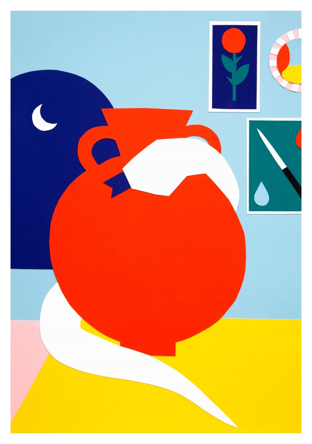 Pomme rouge, vase, lune bleue, mur jaune, couteau, fleur, horloge