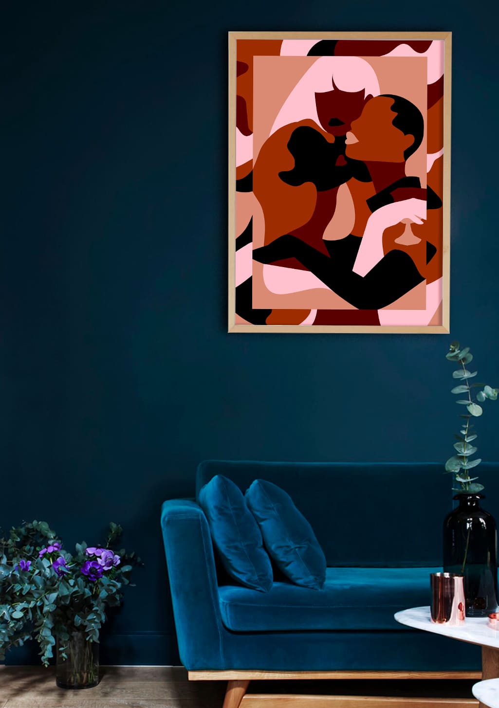 Art abstrait, formes géométriques, couleurs chaudes, figures humaines