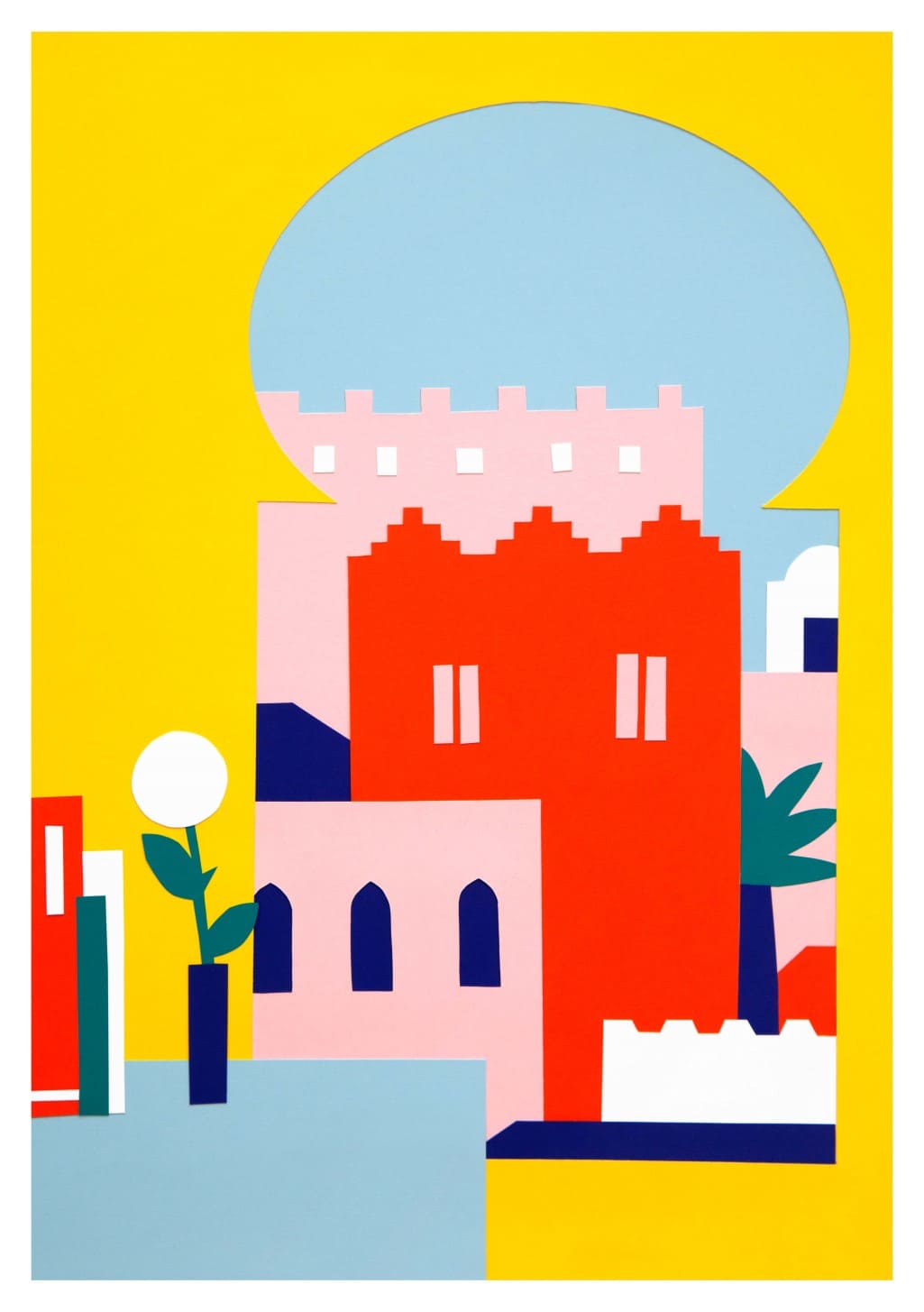 Illustration abstraite de ville, architecture colorée, bâtiments stylisés, ciel bleu, fleurs, jaune, rouge, rose