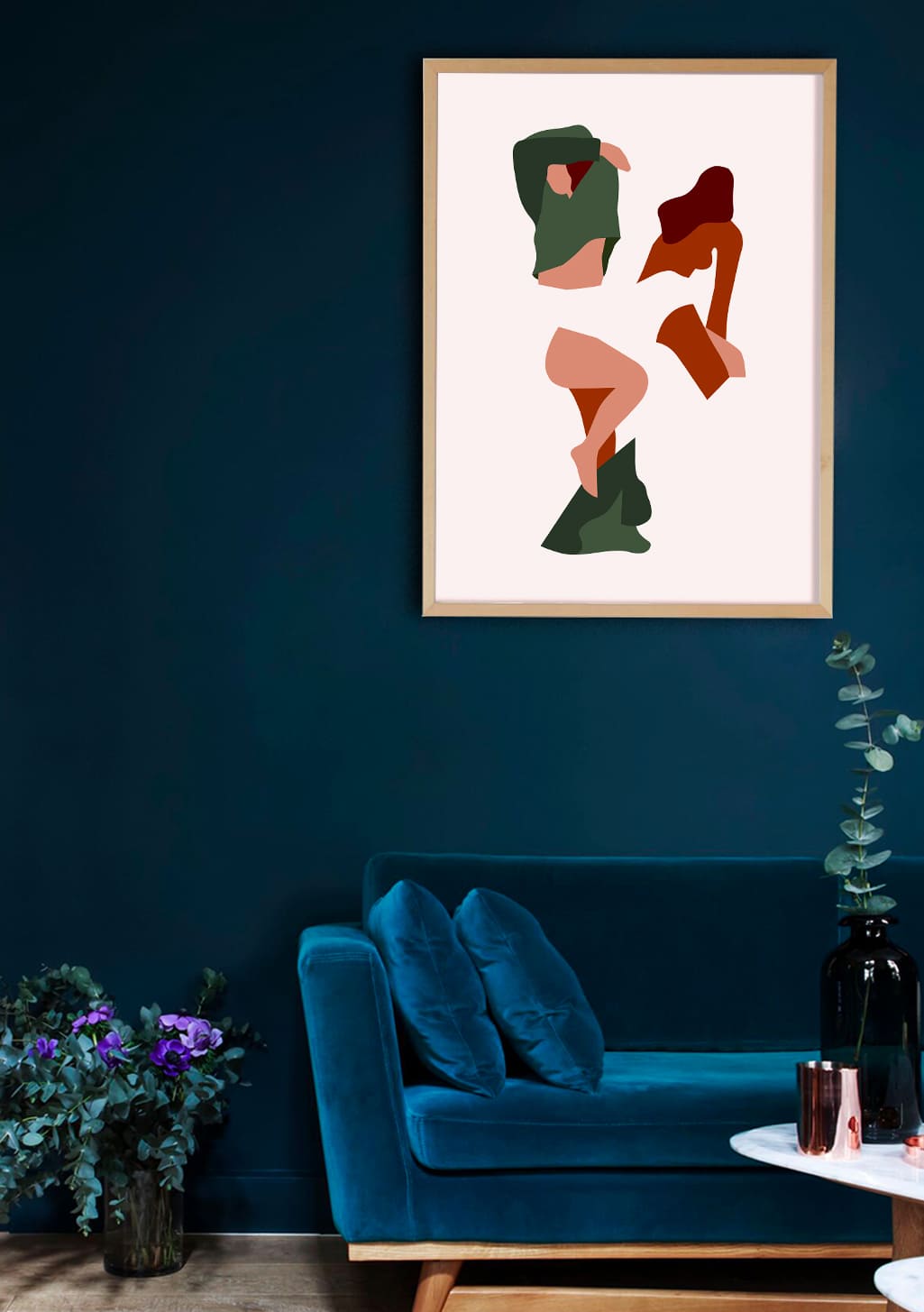 Art abstrait, formes géométriques, couleurs terreuses, humain stylisé