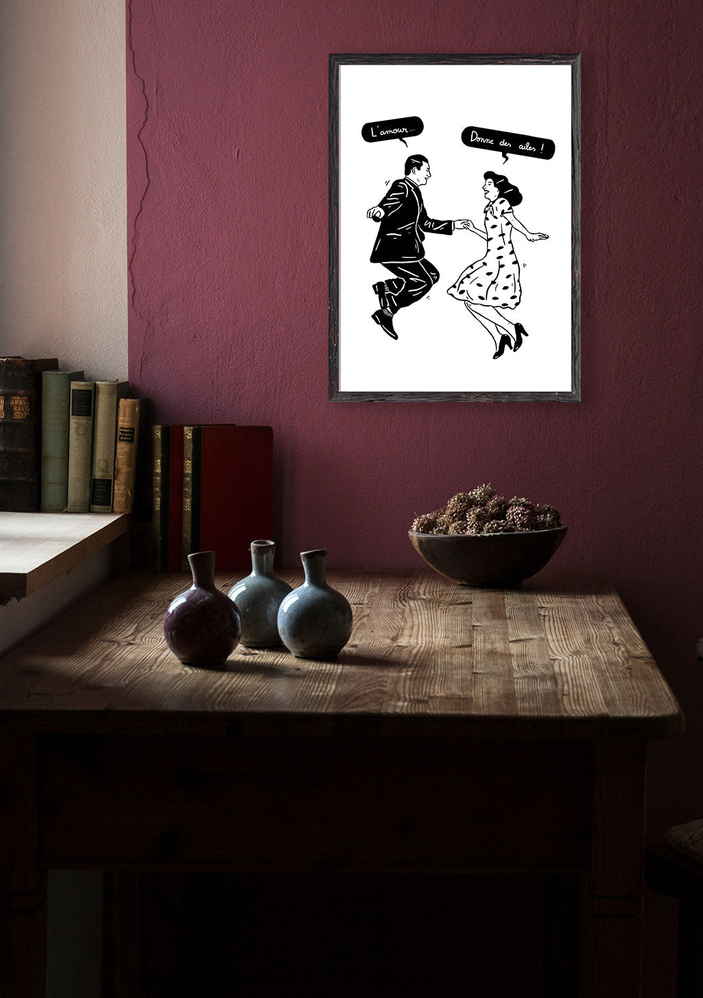Poster noir et blanc de couple dansant avec bulles de texte