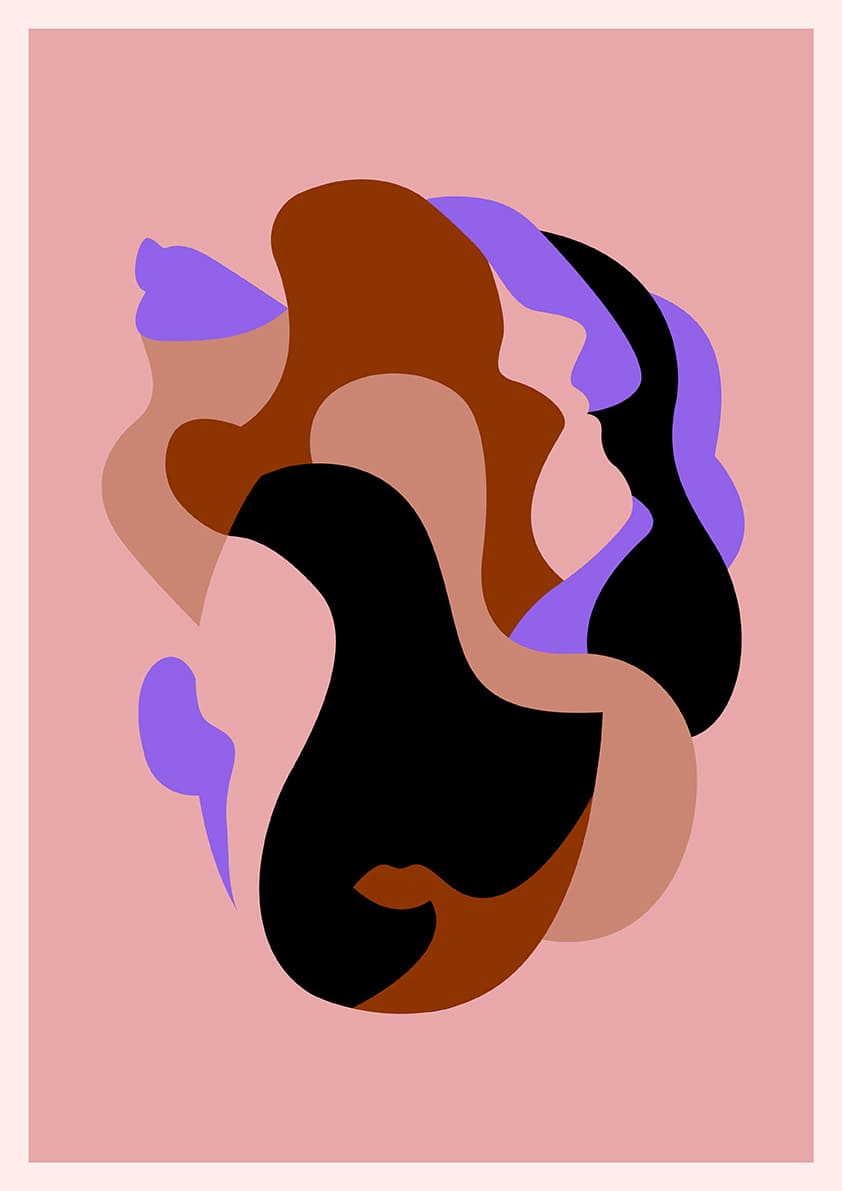 Art abstrait, formes organiques, couleurs vives, fond rose, formes brunes et violettes