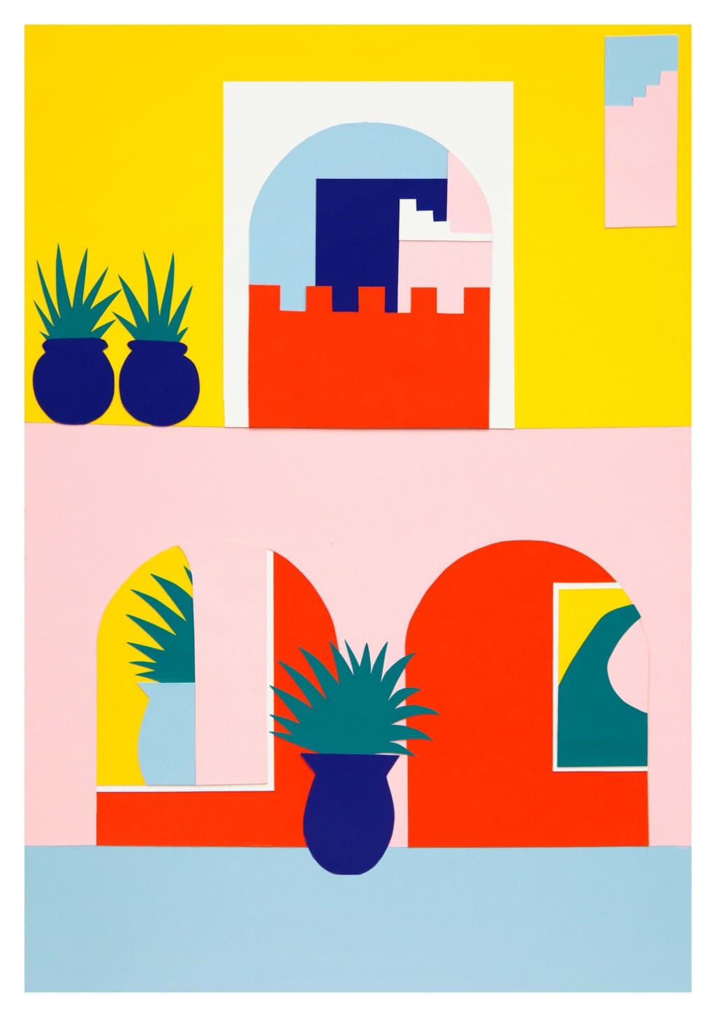 Art abstrait, couleurs vives, plantes en pot, fenêtres en arc, design géométrique