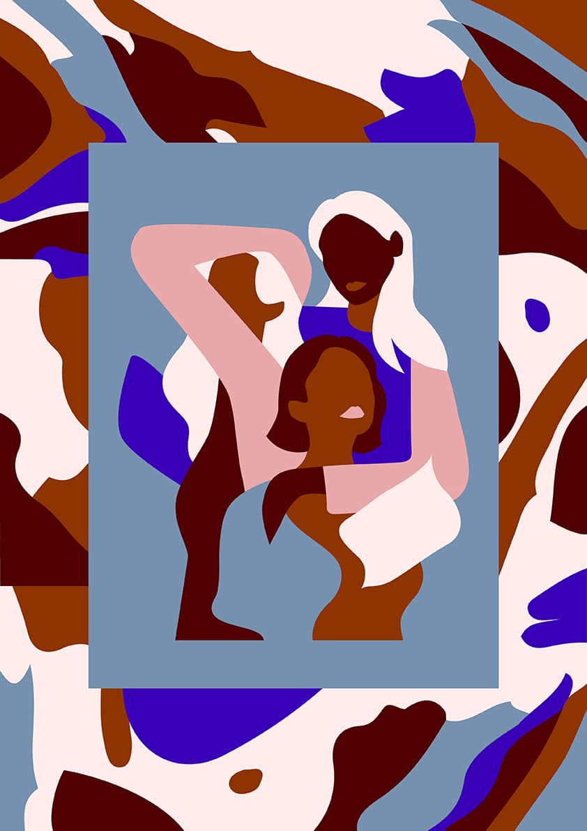 Art abstrait, figures stylisées, couleurs vives, composition carrée, fond texturé