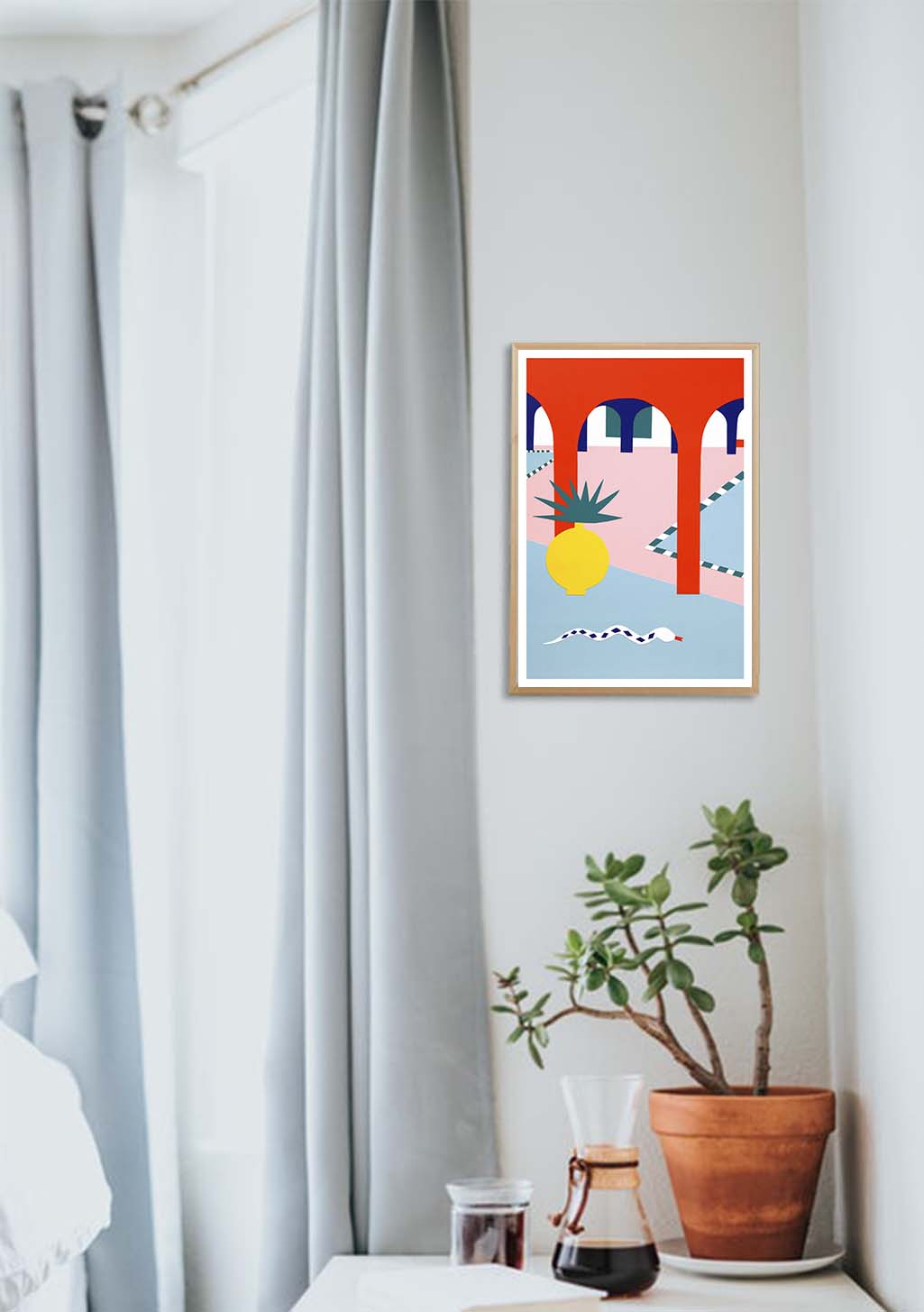 Poster avec arches rouges, soleil jaune, cactus vert
