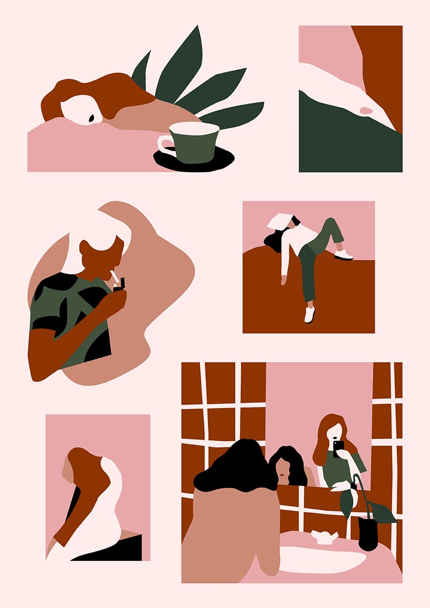 Illustrations abstraites, figures, café, téléphone, fenêtre, intérieur, couleurs douces, formes géométriques