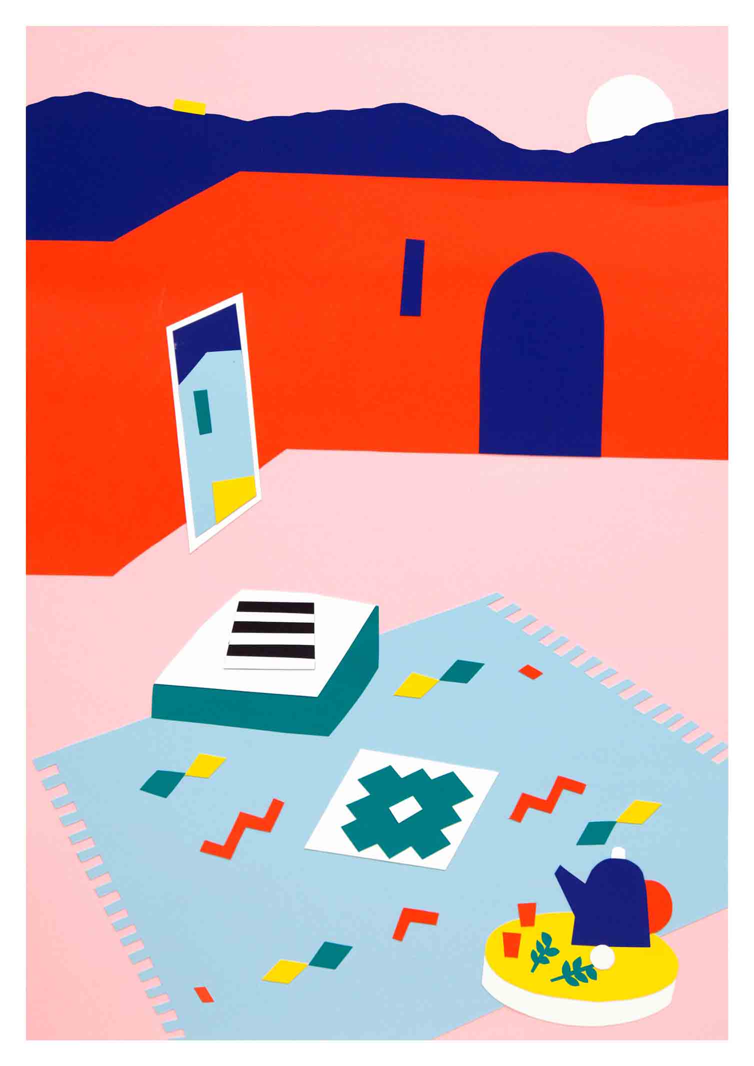 Art abstrait, couleurs vives, intérieur, piano, tapis, objets dispersés, mur rouge, fenêtre, porte bleue, nature morte, formes géométriques, scène de vie