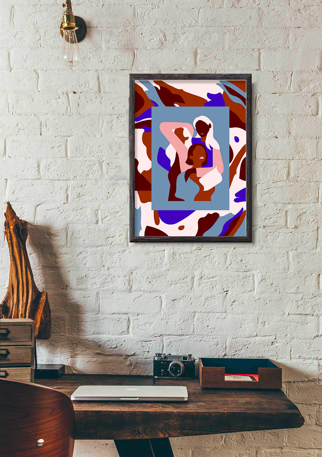 Art abstrait coloré, formes géométriques, cadre noir, mur blanc