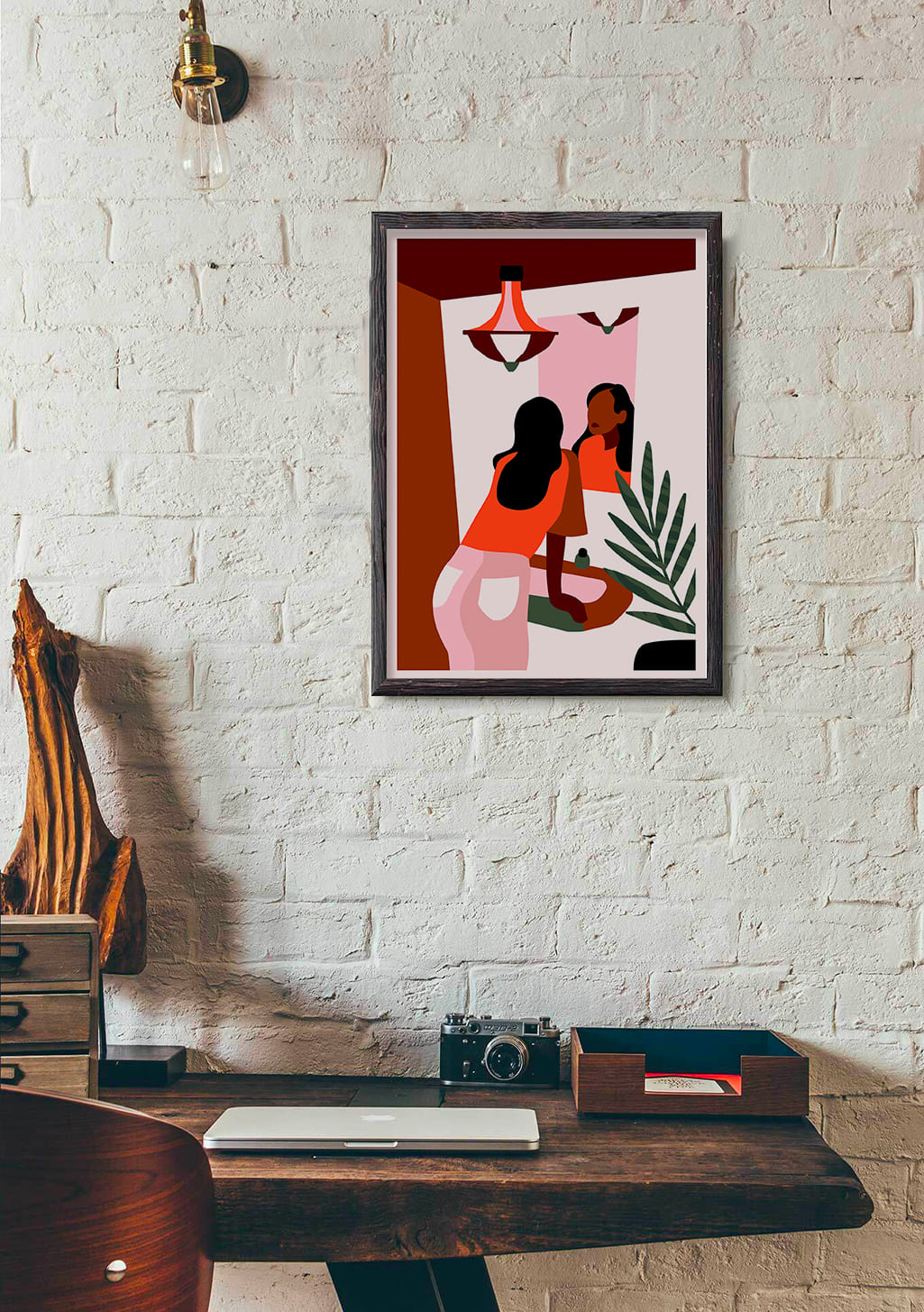Art abstrait, deux figures, couleurs vives, intérieur moderne