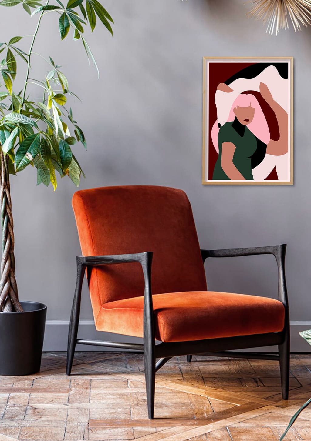 Femme stylisée, couleurs abstraites, cadre doré