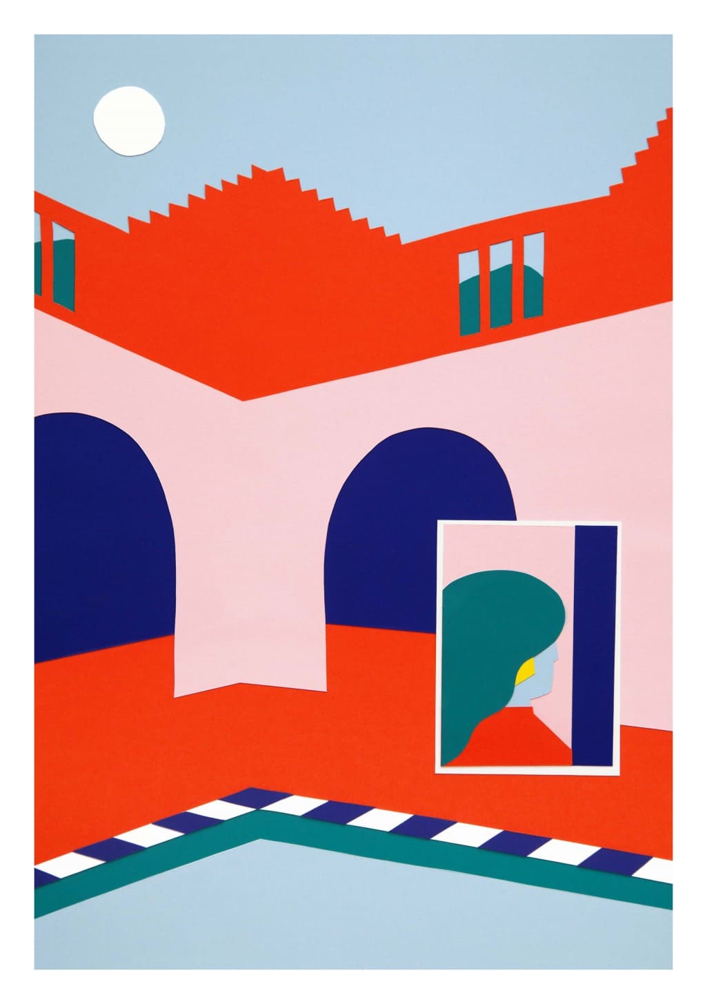 Art abstrait, architecture, rouge, bleu, rose, fenêtre, ciel, lune, design géométrique, moderne, carré, forme