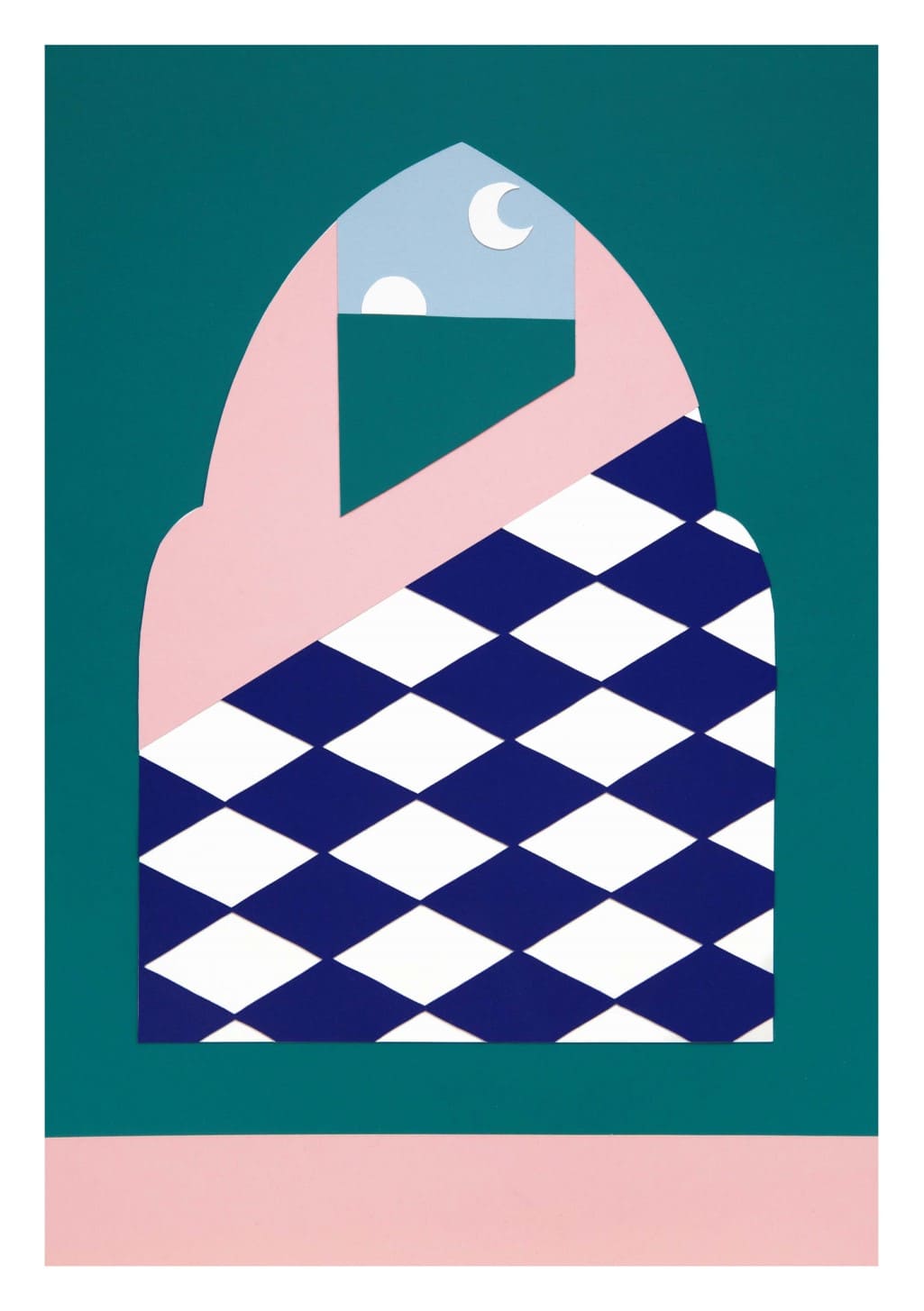 Sac à main rose et bleu avec motif à carreaux, lune, fond vert
